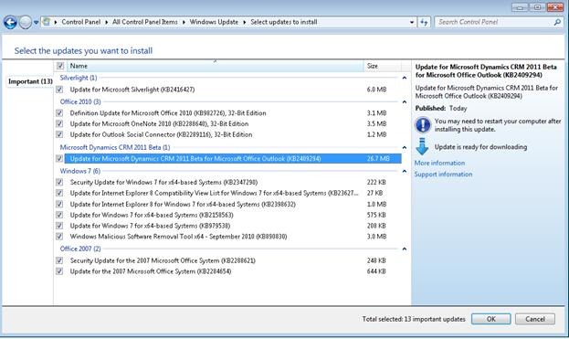 Microsoft Dynamics CRM 2011 Beta Outlook Client Update in Microsoft Windows Update